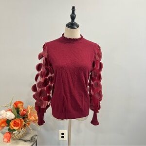 Sioni Burgundy Red High Neck Long 3D Embellished Sleeves Top Size M